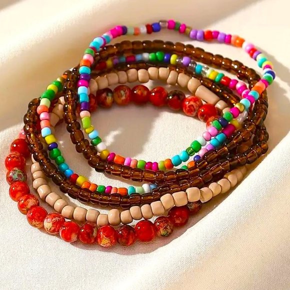 6 Seed Bead Bracelets Glass Stretchy Boho Hippie vacation Style Surfer Beach NEW - Picture 1 of 5